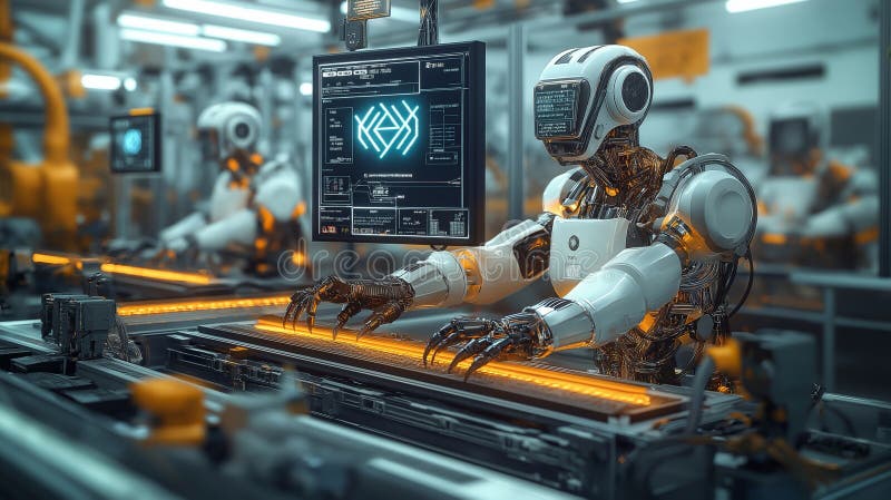 Sisteme robotizate avansate care funcționează într-o fabrică de mașini cu 5 gpi și monitorizează producția prin interfețe digitale royalty free illustration