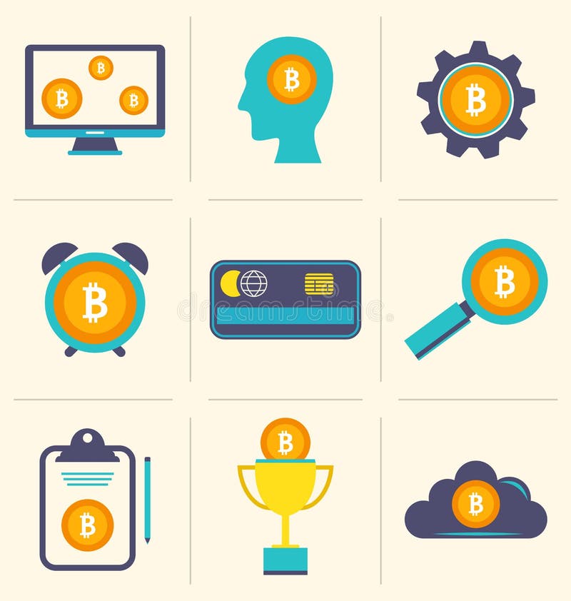 Sistemul BITCOIN digital Money Cryptocurrency și pictogramele pentru designul plat al bazinului minier royalty free illustration