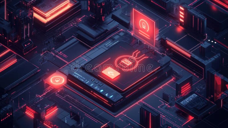Sistemul de securitate cibernetică care protejează datele digitale pe microcipuri futuriste stock photography