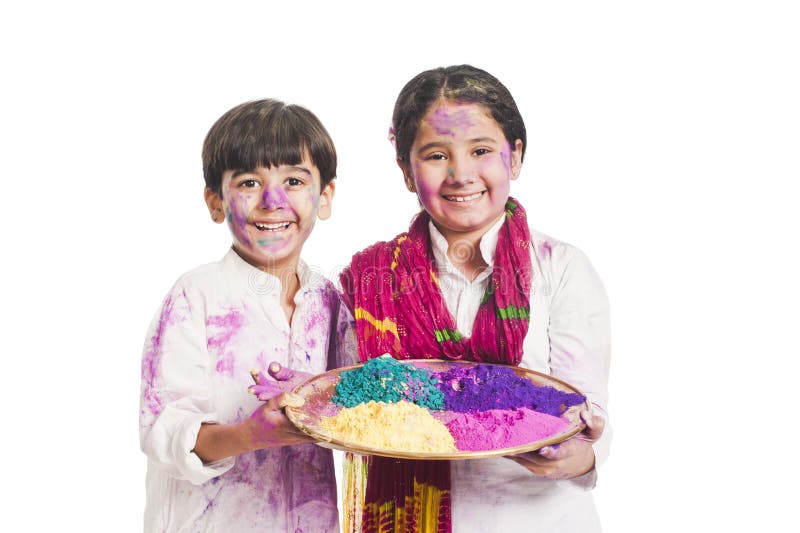 Sister and brother holding color plate