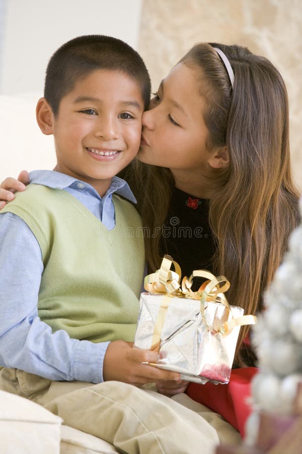 Brother Giving Christmas Present in Box To His Sister Stock Image - Image  of family, happiness: 103270227