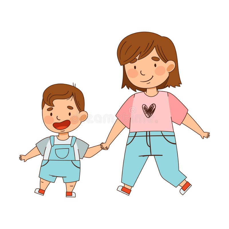 Sister Holding Her Little Brother by the Hand Walking As Family Relations  Vector Illustration Stock Vector - Illustration of communication, family:  217160569