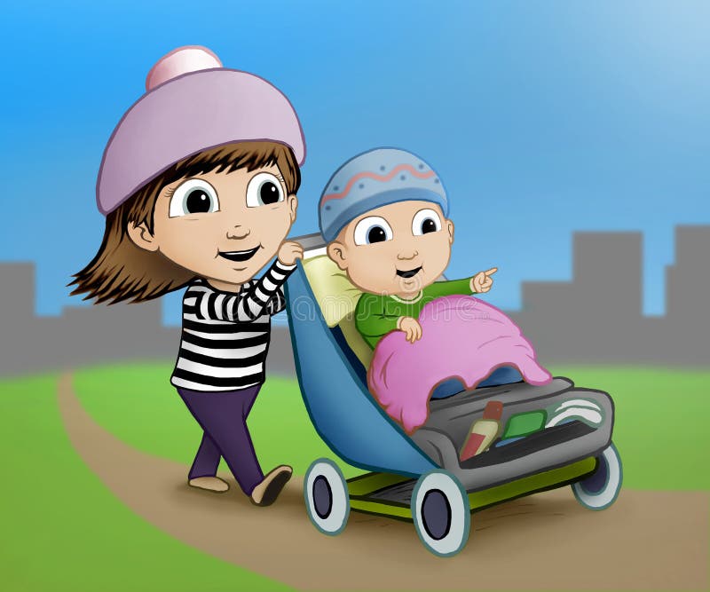 Sister Pushing Her Baby Brother Around in Park Stock Illustration -  Illustration of siblings, sister: 115605418