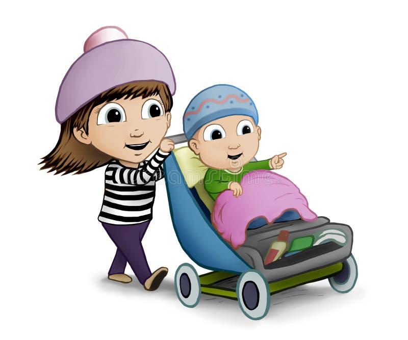 Sister Pushing Her Baby Brother Around in Stroller Stock Image - Image of  pushes, walk: 115605375