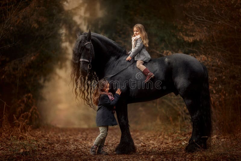 Sisters with friesian horse autumn forest stock photography Sisters with friesian horse autumn forest stock photography
