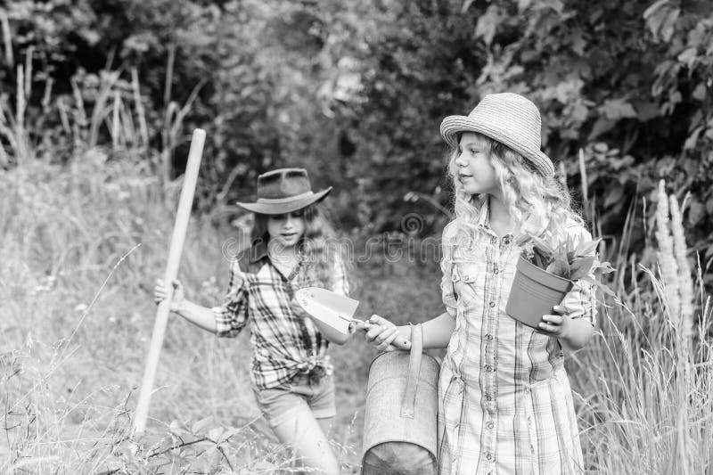 Sisters Helping At Farm Girls With Gardening Tools Eco Farming Concept Stock Image Image Of 