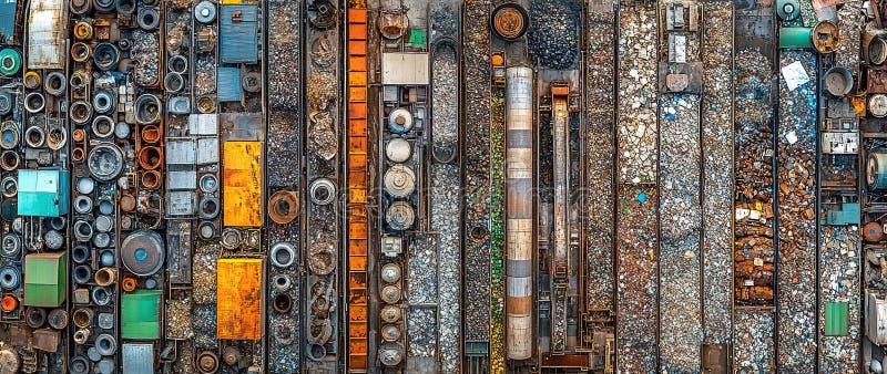 Site de gestion des déchets présentant une vue aérienne des matières et des conteneurs jetés près d'une zone industrielle images stock