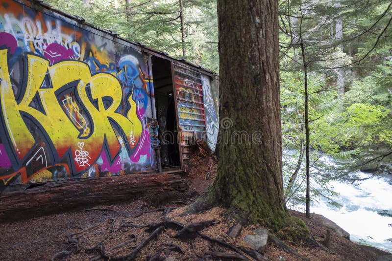 Whistler Train Wreck Site with Grafitti Painted Rail Car Stock Photo