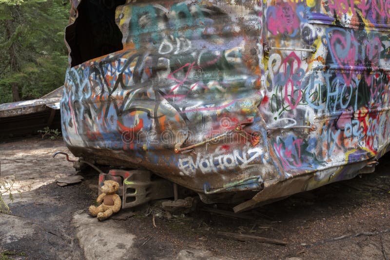 At the site of the Whistler train wreck a teddy bear is left at the scene of the crash royalty free stock photography
