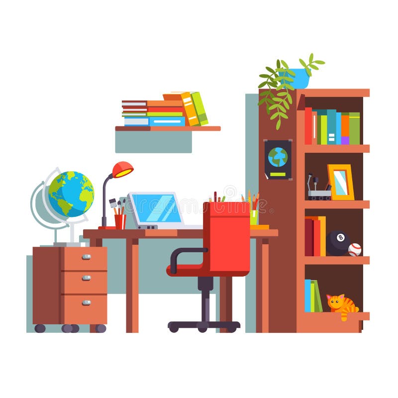 Sitio casero del niño con el escritorio, silla, ordenador portátil, caja de libro libre illustration Sitio casero del niño con el escritorio, silla, ordenador portátil, caja de libro libre illustration