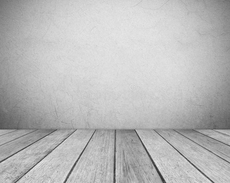 Sitio de madera gris vacío de la pared del cemento y del piso del vintage en la opinión de perspectiva, fondo del grunge, diseño