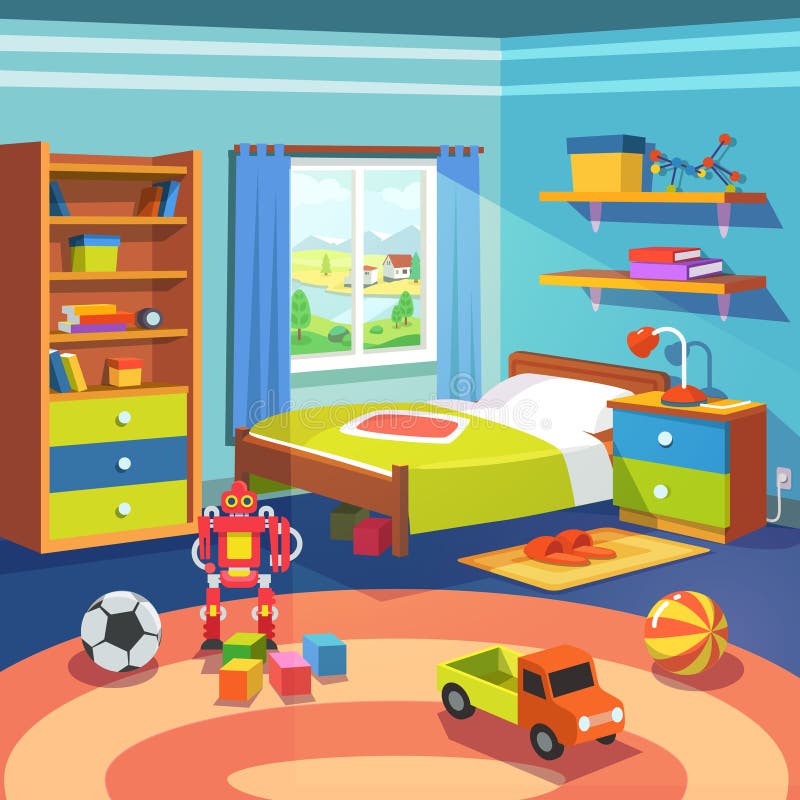 Sitio del muchacho con la cama, el armario y los juguetes en el piso