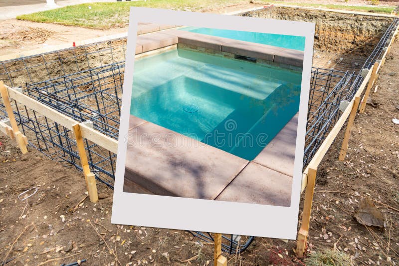 Sito di costruzione pool di nuoto con cornice immagine contenente progetto finito
