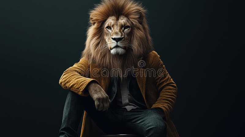 Sitting anthropomorphic lion wearing mustard coat vector illustration