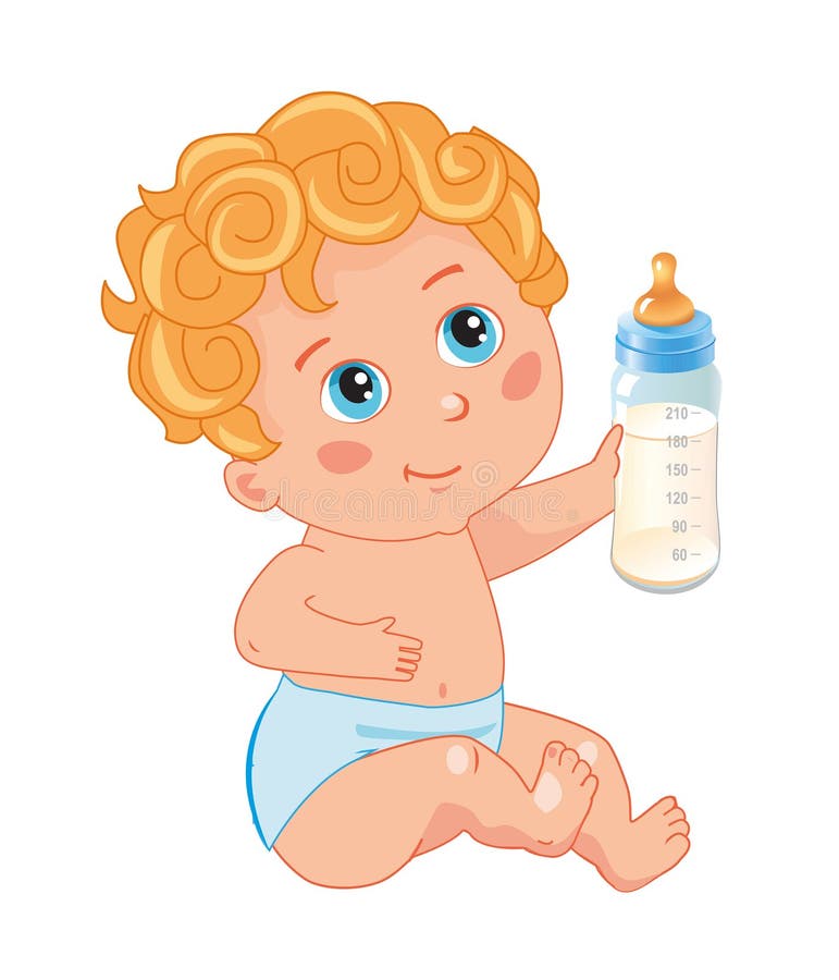 Sitting Baby And Feeding Bottle. Vector Cartoon Illustrations. Sitting