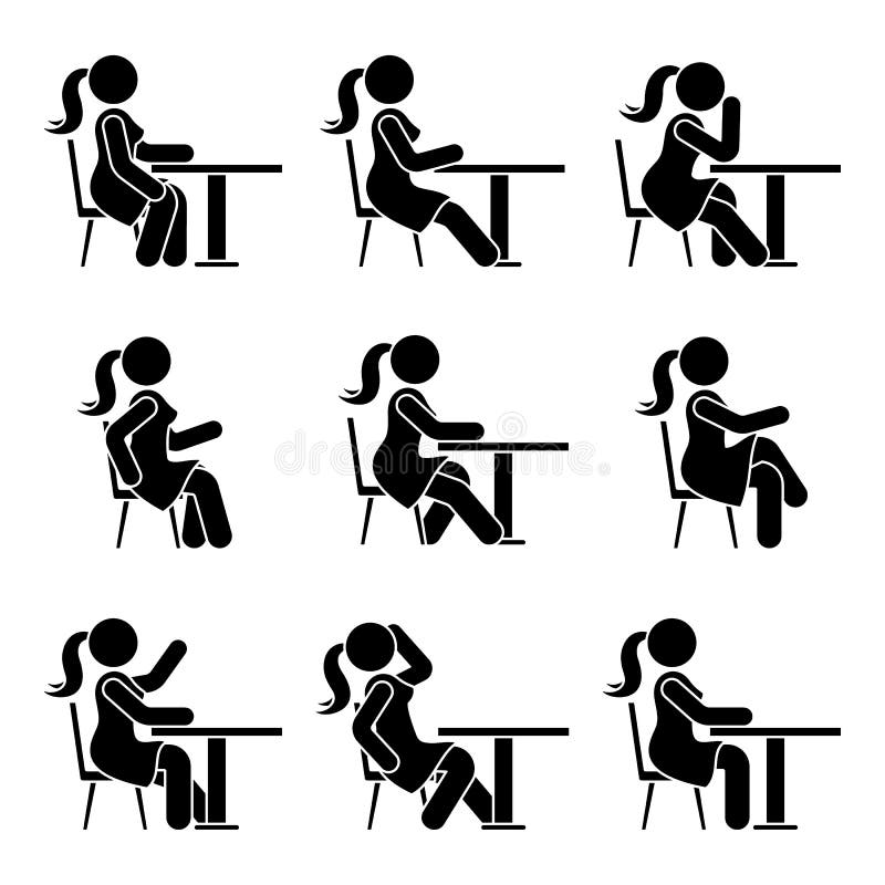 Sitting on chair at desk stick figure woman side view pictogram vector icon...