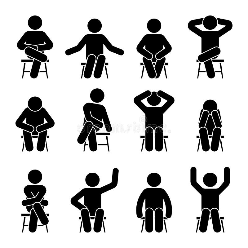 Sitting on chair stick figure man different poses pictogram vector icon set. Boy silhouette seated happy, comfy, sad, tired sign
