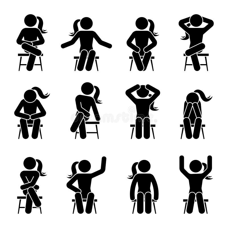 Sitting on chair stick figure woman different poses pictogram vector icon set. Girl silhouette seated happy, comfy, sad, tired, depressed sign on white background