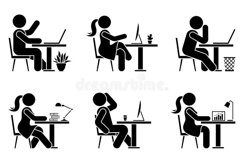 Sitting at desk office stick figure business man and woman side view poses pictogram silhouette vector icon work set royalty free illustration