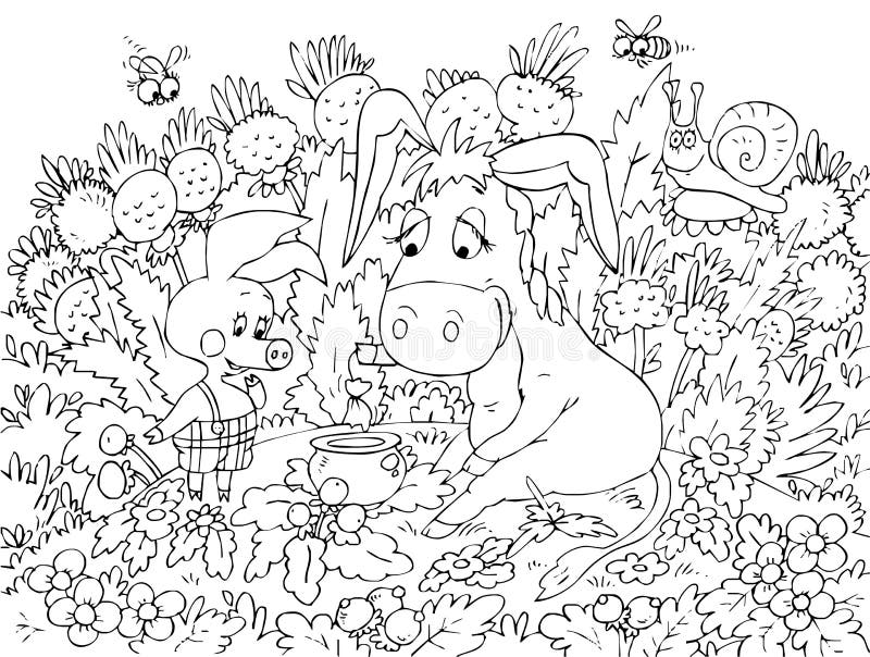 Black-and-white outline (for a coloring book) of the funny piglet and donkey sitting on the lawn among the flowers. Black-and-white outline (for a coloring book) of the funny piglet and donkey sitting on the lawn among the flowers