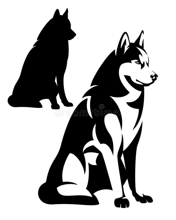 Sitting husky dog simple black and white vector design