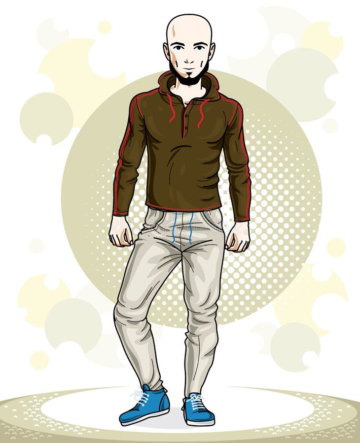Situaci? n deportiva joven calva hermosa confiada del hombre Ejemplo del vector de masculino con la barba y la ropa del deporte qu stock de ilustración