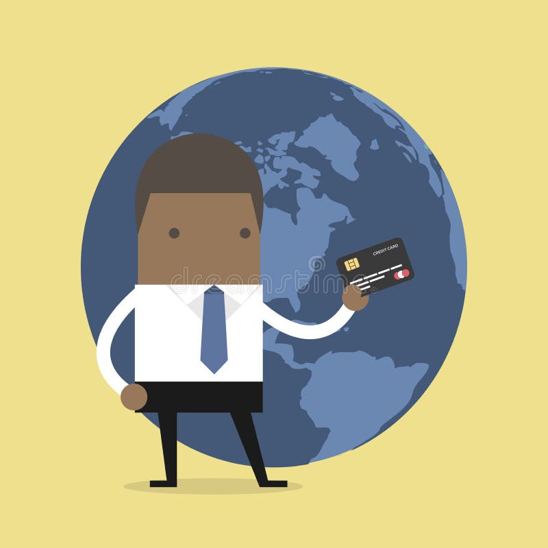 Situación africana del hombre de negocios sosteniendo su una tarjeta de crédito delante del globo stock de ilustración Situación africana del hombre de negocios sosteniendo su una tarjeta de crédito delante del globo stock de ilustración