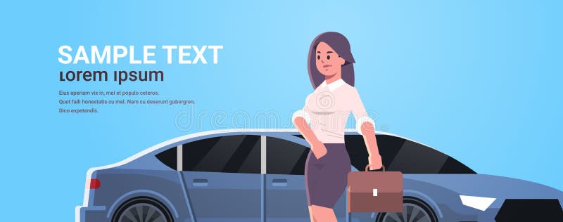 Situación de la empresaria cerca de la mujer de lujo del coche en la maleta de la tenencia del desgaste formal que va a trabajar libre illustration Situación de la empresaria cerca de la mujer de lujo del coche en la maleta de la tenencia del desgaste formal que va a trabajar libre illustration
