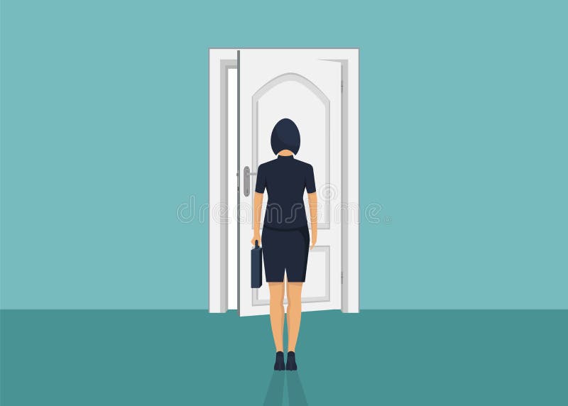 Situación de la empresaria delante de la puerta Elegir la manera Mudanza adelante stock de ilustración Situación de la empresaria delante de la puerta Elegir la manera Mudanza adelante stock de ilustración