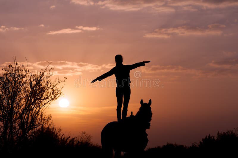 Situación de la muchacha en un caballo con las manos aumentadas al lado como un ala del aeroplano fotos de archivo libres de regalías Situación de la muchacha en un caballo con las manos aumentadas al lado como un ala del aeroplano fotos de archivo libres de regalías