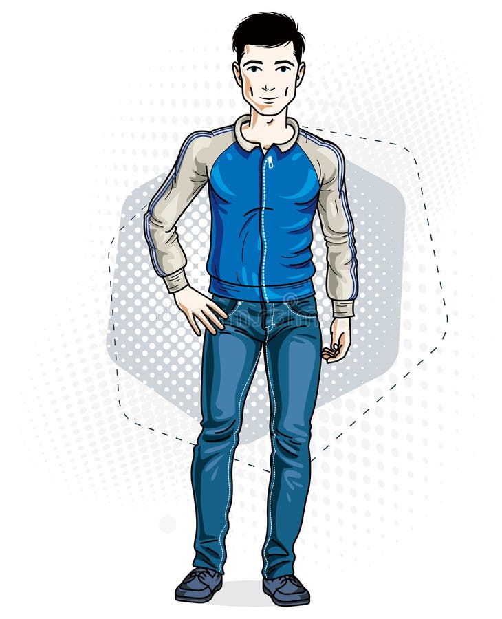 Situación morena hermosa confiada del hombre joven Ejemplo del vector de la ropa casual, de los pantalones de los vaqueros y de l libre illustration