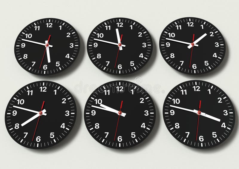 Clocks on a Wall with Time Zone of Different Country Stock Photo