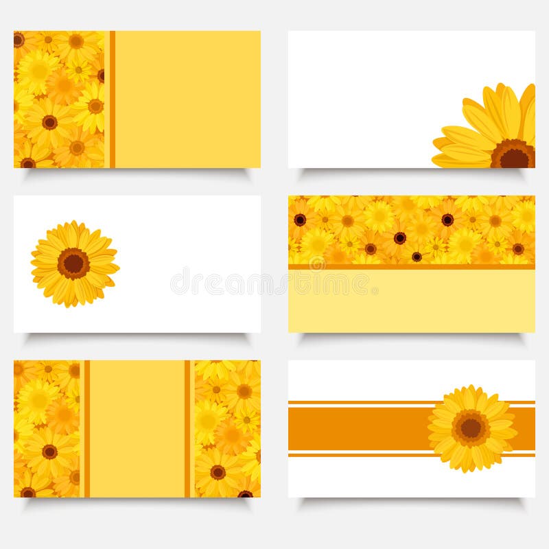 Six cartes de visite professionnelle de visite avec des fleurs de gerbera. illustration stock Six cartes de visite professionnelle de visite avec des fleurs de gerbera. illustration stock