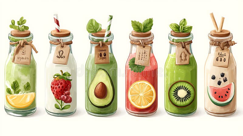 Six Colorful Fruit Smoothies in Glass Bottles on White Background vector illustration