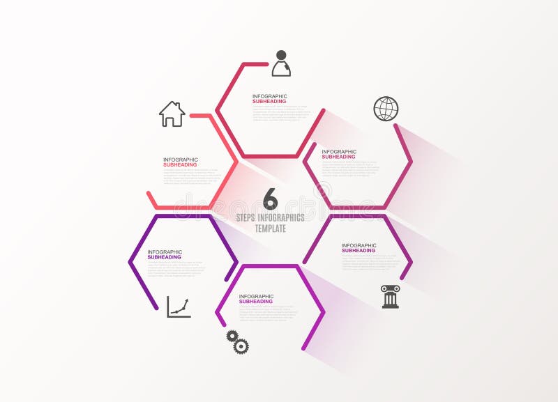 Six colorful hexagon vector progress steps illustration stock illustration