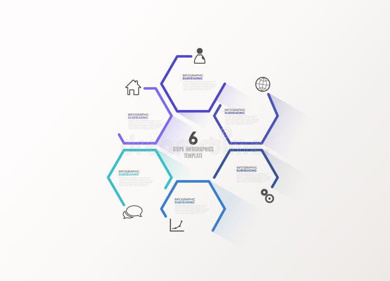 Six colorful hexagon vector progress steps illustration stock illustration