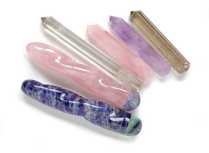 Six different Crystal Healing Wands on white