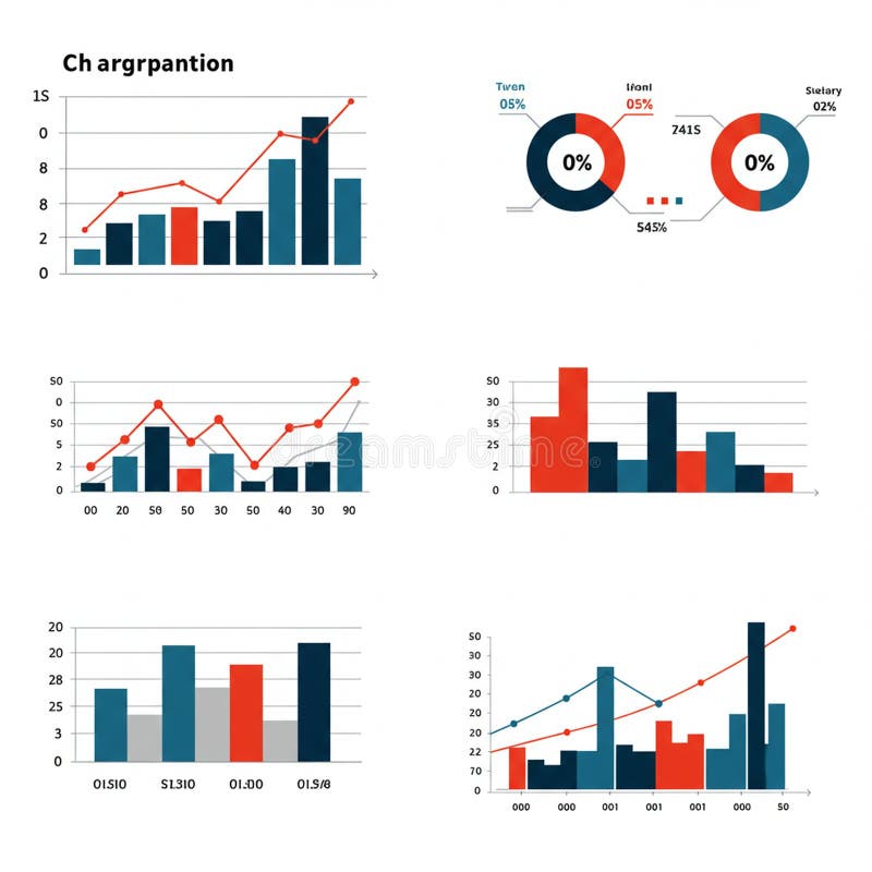 Six different graphs, including bar charts and line graphs, with a mix of blue, red, and stock illustration