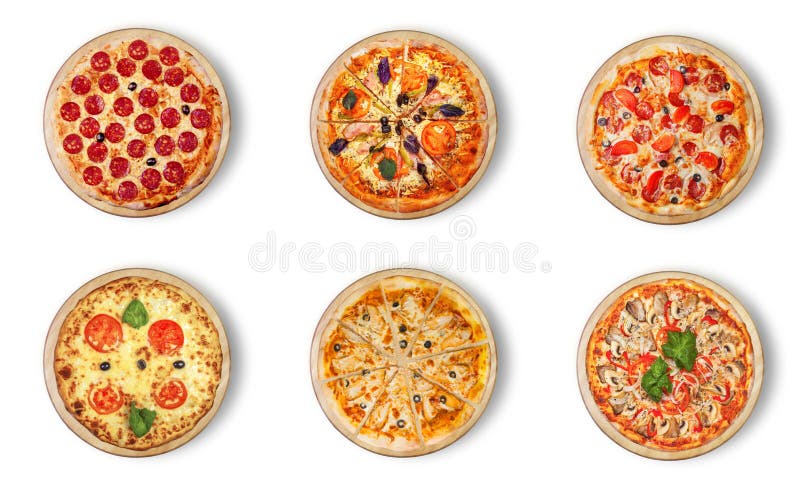 Six different pizza set for menu. Meat pizzas with 1Pepperoni 2Pizza with bacon 3 pepperoni 4Margarita 5 BBQ chicken pizza with olives 6 With seafoodVisit my page. You will be able to find an image for every pizza sold in your cafe or restaurant.