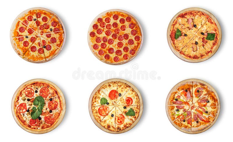 Six different pizza set for menu. Meat pizzas with 1-2Pepperoni 3Pizza Hawaii 4With seafood 5 Margarita 6 Pizza Pepperoni Peppers and Sausage. You will be able to find an image for every pizza sold in your cafe or restaurant.