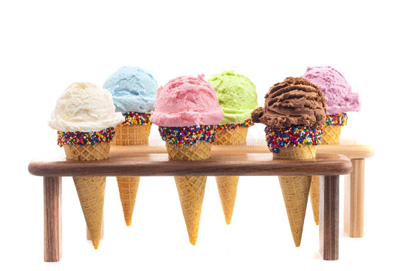 Six Flavors of Ice Cream Flavors in Sugar Cones with Sprinkles Stock