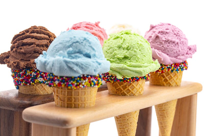 Six Flavors of Ice Cream Flavors in Sugar Cones with Sprinkles Stock