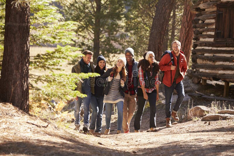 Six friends walking on forest path past a log cabin