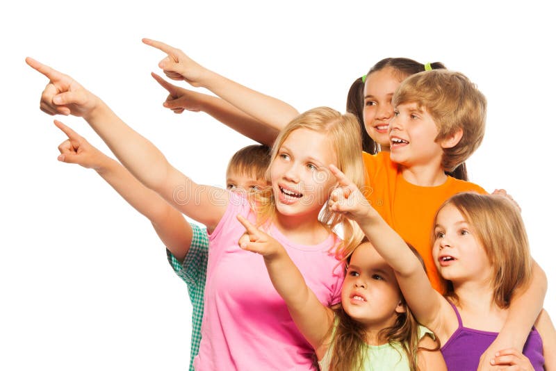 Photo of a six funny kids in colorful shirts pointing fingers. Photo of a six funny kids in colorful shirts pointing fingers.