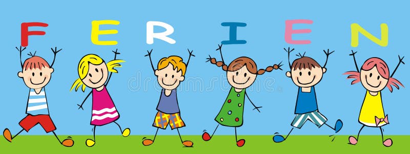 Six happy kids with text Ferien, vector, banner