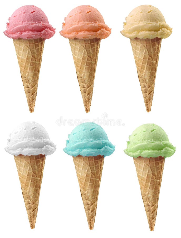 Šesť ice cream kužele 6 rôznych príchutiach s orezové cesta, chuť farby vyrobený retouching pôvodný ružový zmrzlinu.