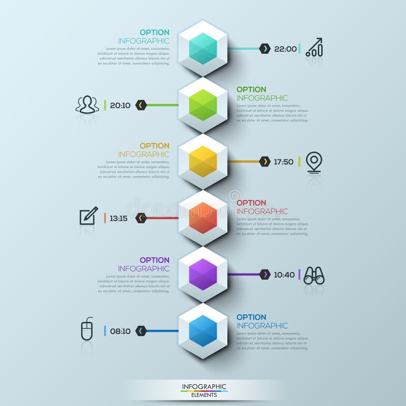 Six multicolored hexagons connected with text boxes and pictograms, infographic design template vector illustration Six multicolored hexagons connected with text boxes and pictograms, infographic design template vector illustration