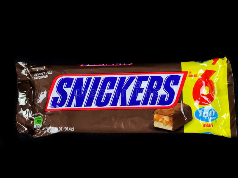 Six Pack of Snicker Fun Size Bars on a black backdrop