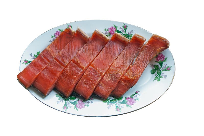 Six pieces of red fish on a plate royalty free stock images Six pieces of red fish on a plate royalty free stock images