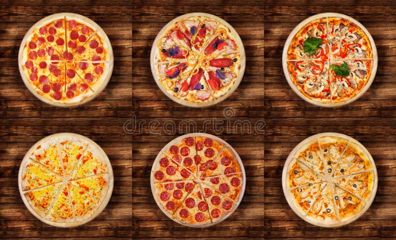 Six pizzas différentes réglées pour le menu Pizzas de viande avec 1Pepperoni 2ham et pizza du lard 3 avec le pepp du fromage 5 de photographie stock Six pizzas différentes réglées pour le menu Pizzas de viande avec 1Pepperoni 2ham et pizza du lard 3 avec le pepp du fromage 5 de photographie stock